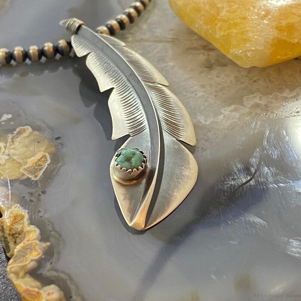 Billy Long Native American Sterling Oxidized Feather w/Turquoise Unisex Pendant - Picture 6 of 10